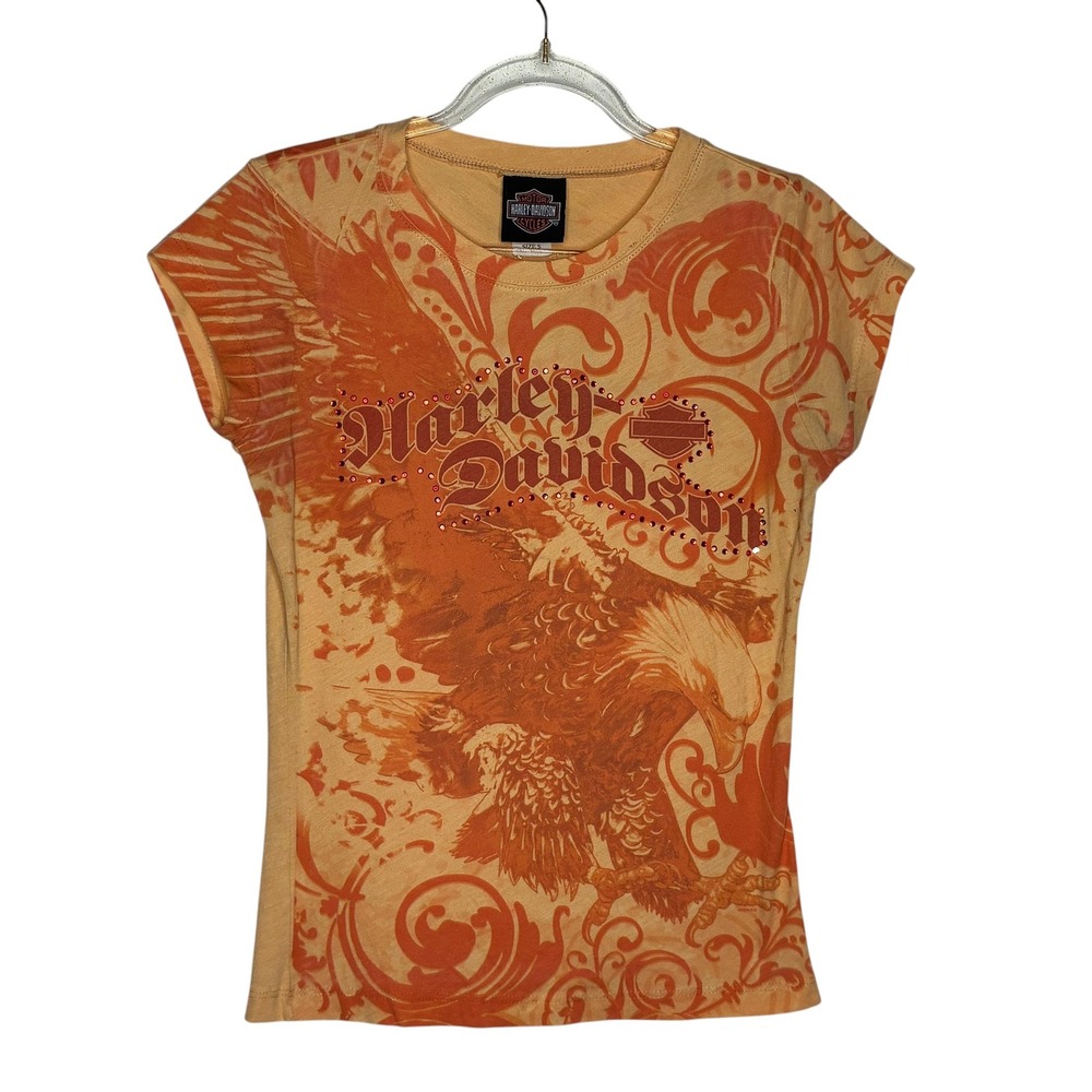 Harley Davidson Womens Small T Shirt Apricot Orange Eagle Rhinestone Biker Tee